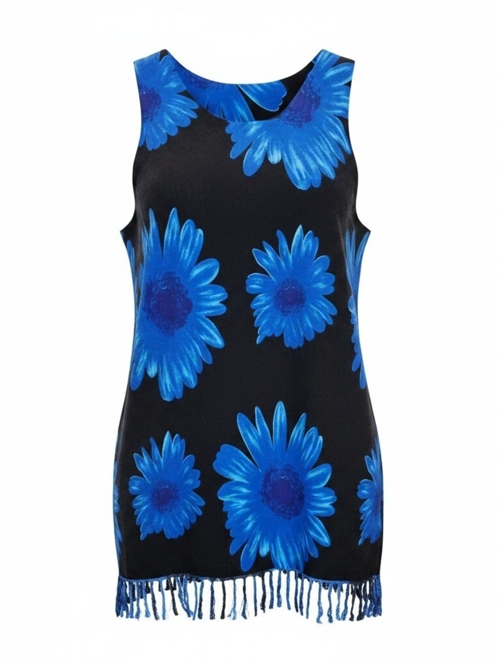 Black Mini Dress with Blue Floral Print and Fringe
